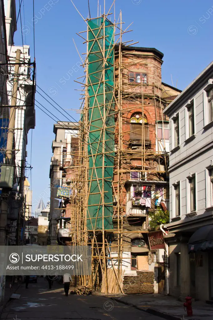 Bamboo Scaffolding on a street in Shanghai China