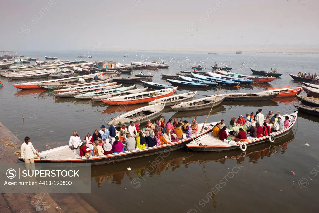 Boats filled with people on the Ganges in Varanasi India