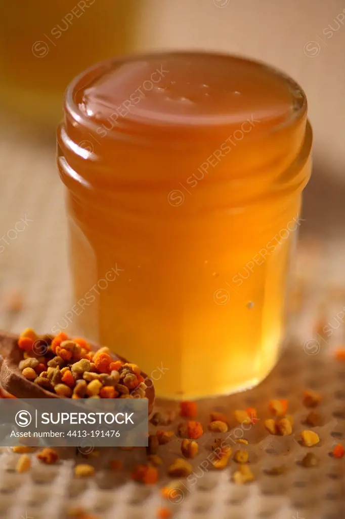 Chestnut honey and wax on part of pollen grains
