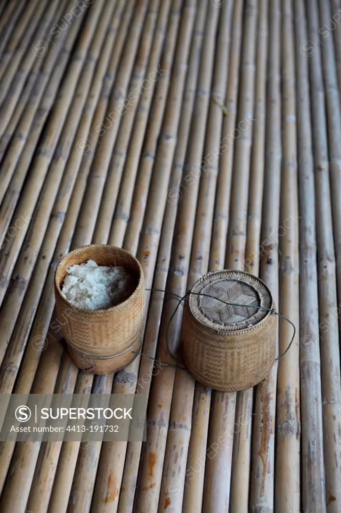 Pot sticky rice on a bamboo bamboo flooring Laos