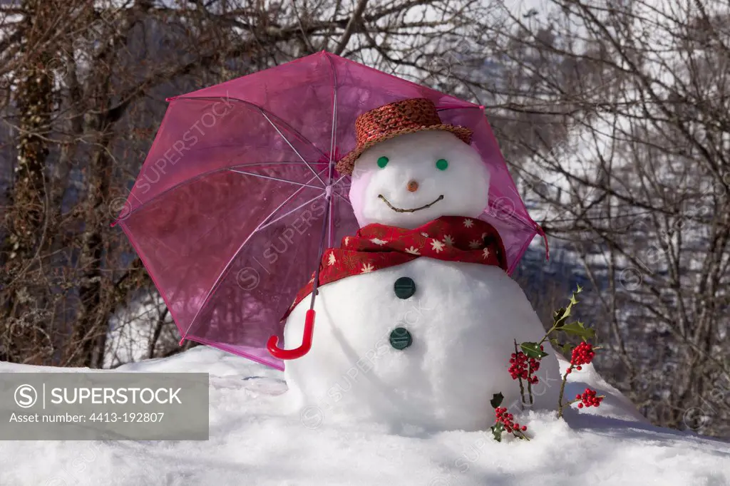 Snowman carrying an umbrella