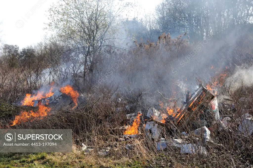 Burned garbage in nature Franche-Comté France