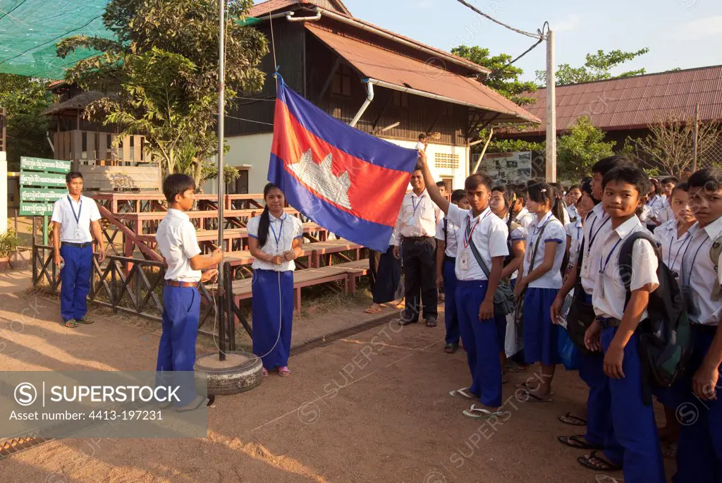 Hello to the Khmer flag in a school in Phnom Penh Cambodia