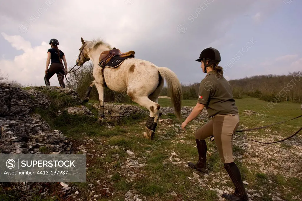 Horse and rider on foot crossing a rocky elevationFrance