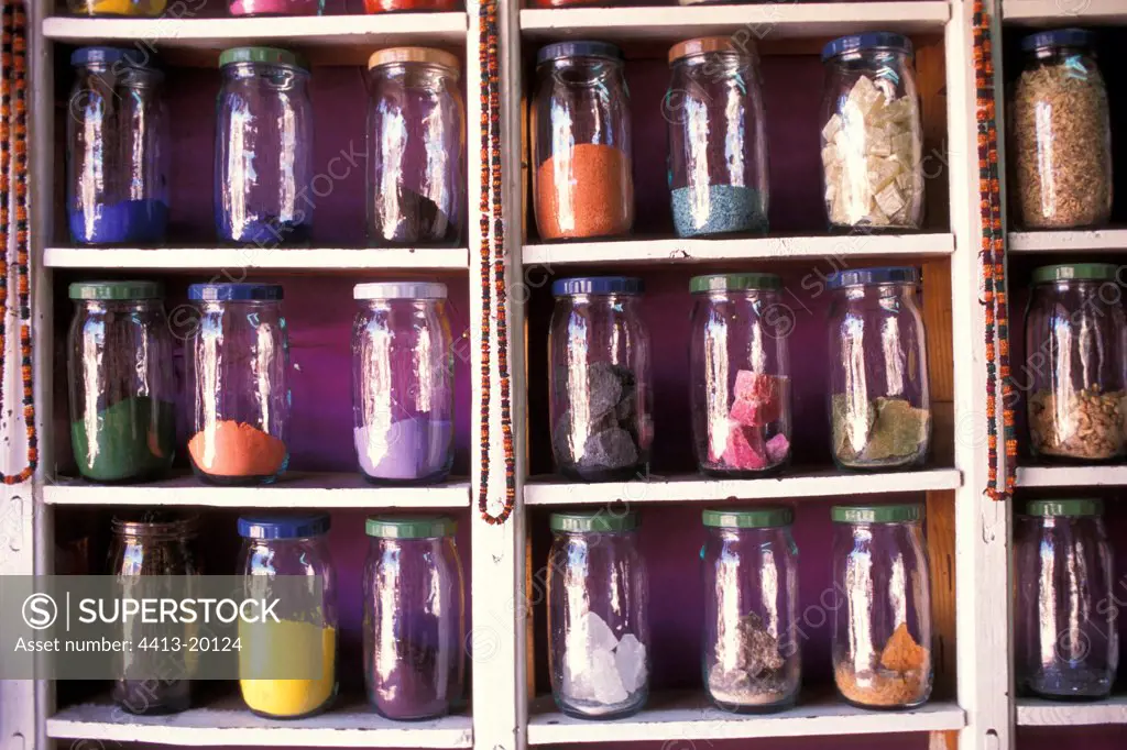 Pots of color on a rack in Morocco