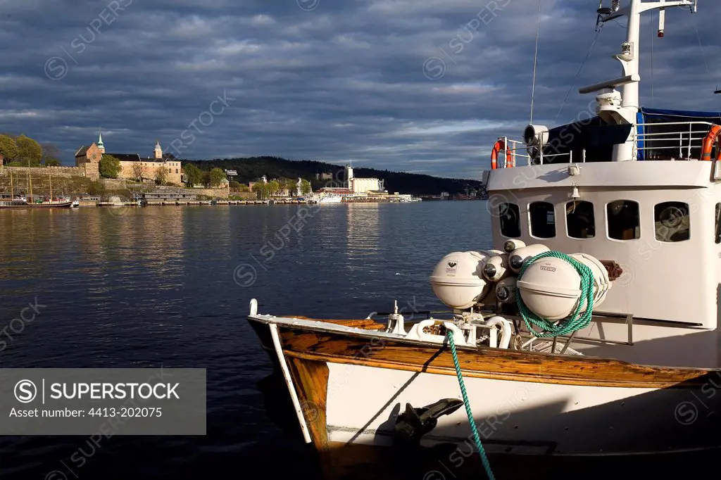 Fishing boat berthed in the old harbour Oslo Norway