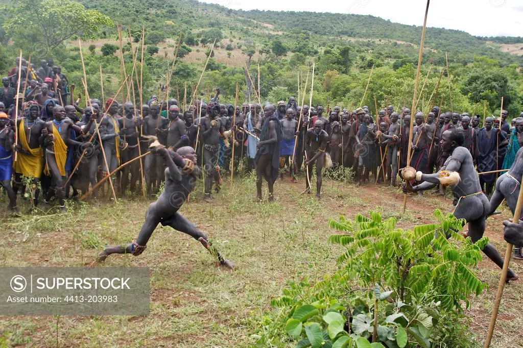 Stick fighting between two Surma warriors Ethiopia