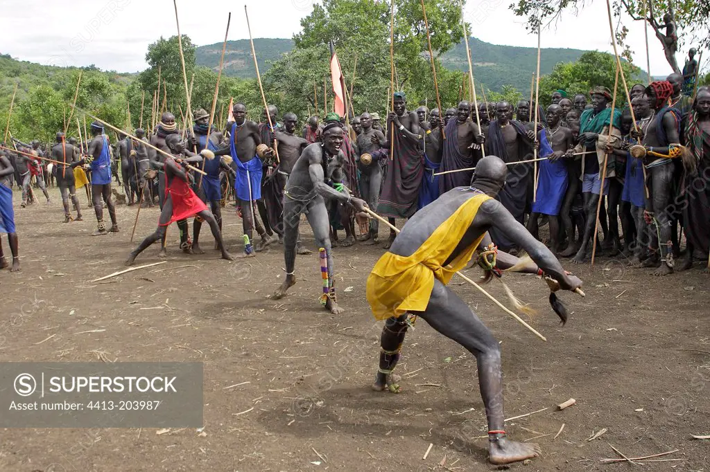 Stick fighting between two Surma warriors Ethiopia