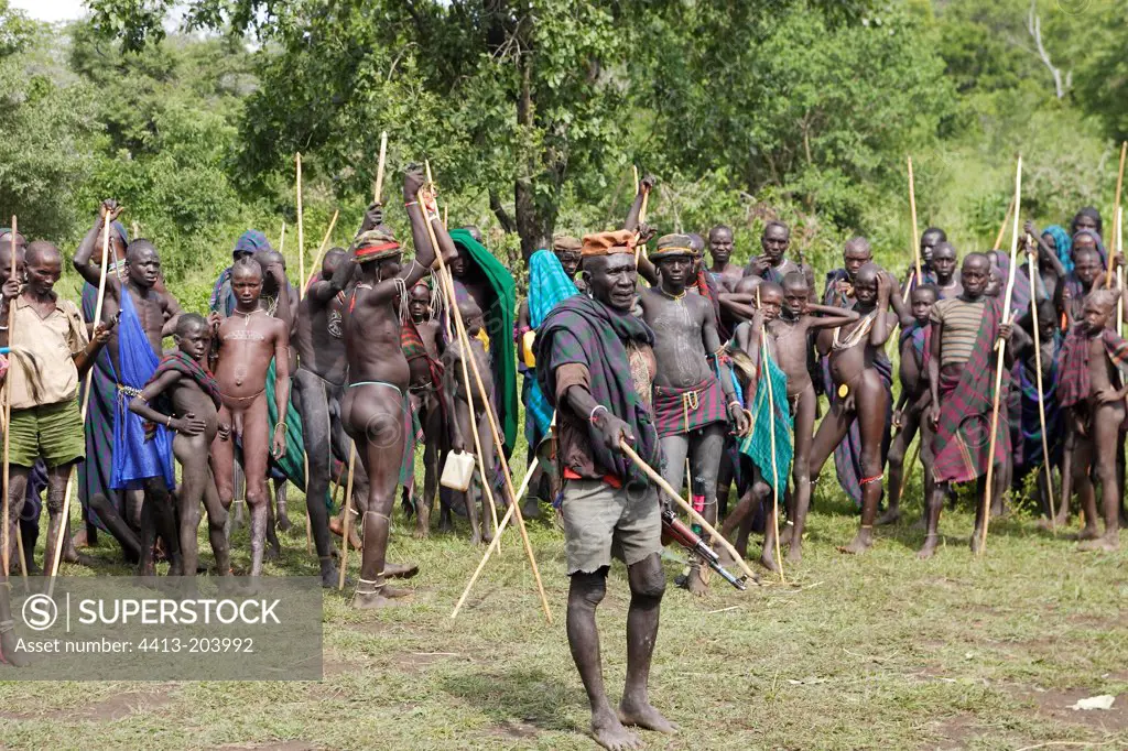 Surma warriors during Donga ceremony Ethiopia