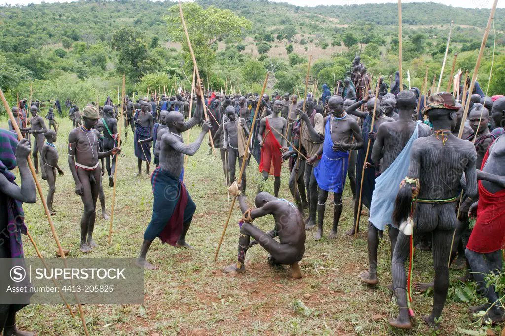 Stick fighting between Surma warriors Ethiopia