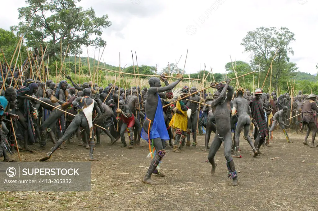 Stick fighting between Surma warriors Ethiopia