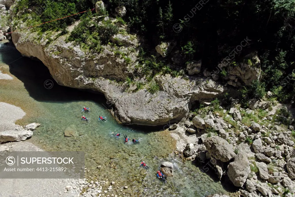 Group of canyoning going down the Verdon France