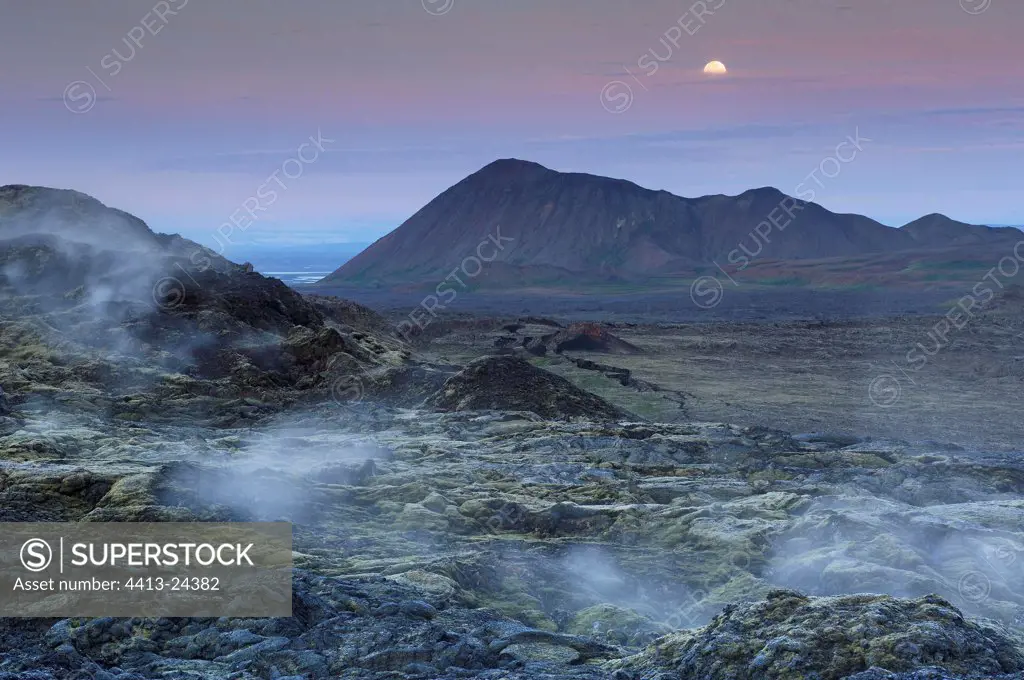 Fumaroles on lava field at night Leirhnjukur Iceland