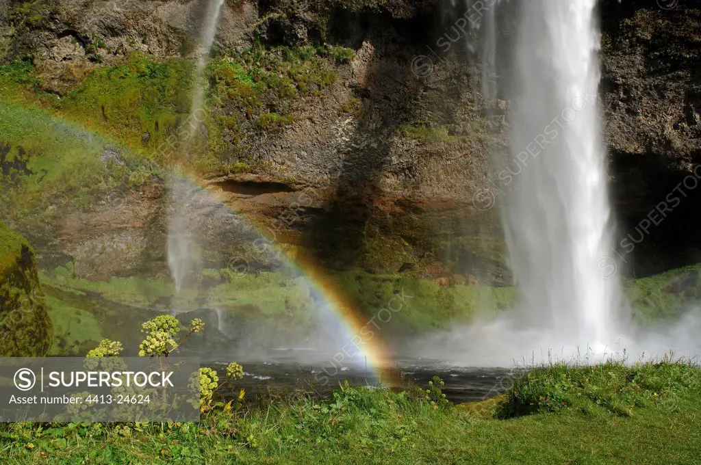 Rainbow in front of Seljalandsfoss falls Iceland