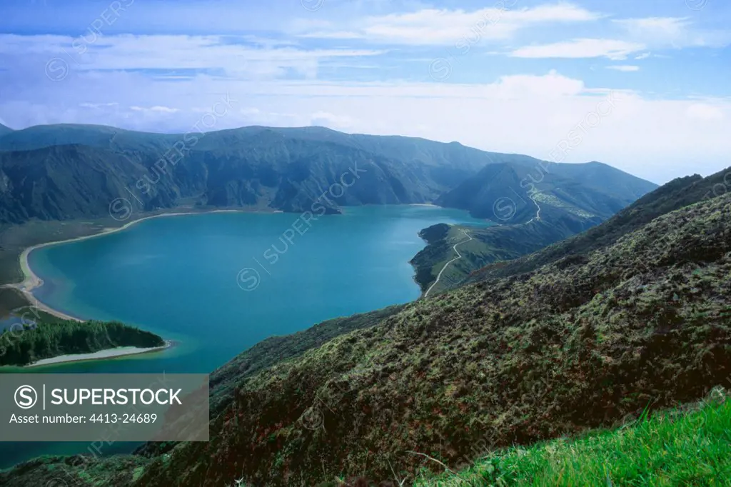 Crater lake and Japanese cedar forest Lagoa de Fogo