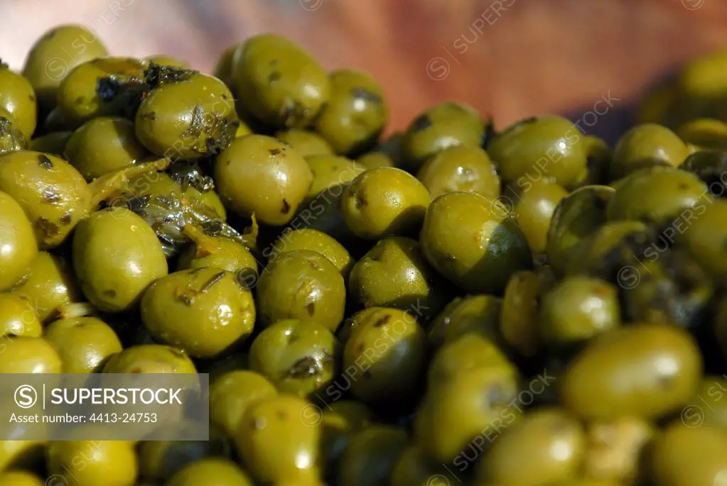 Green olives sold on a market in Provence France
