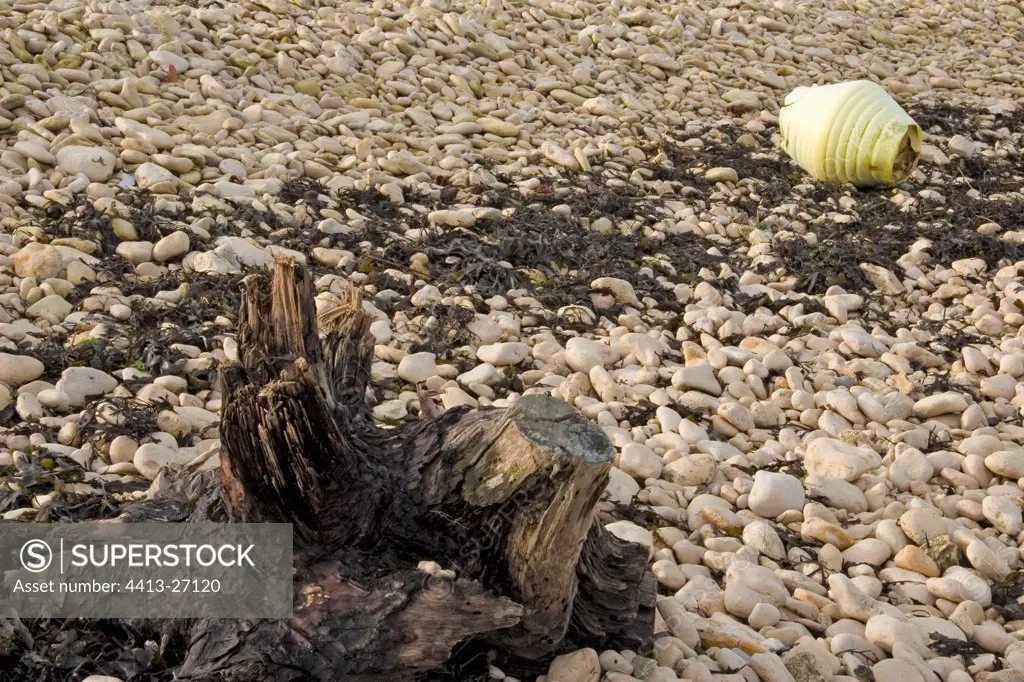 Stump and buoy grounded on a pebble beach Ré Island France