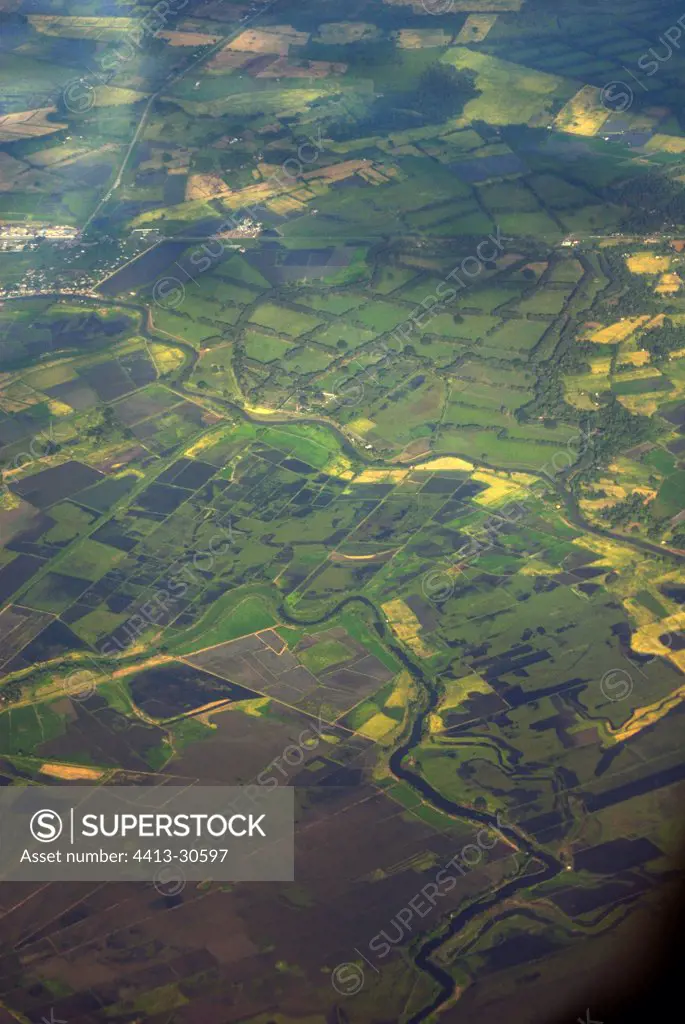 Air shot of cultures in a fluvial valley Ecuador