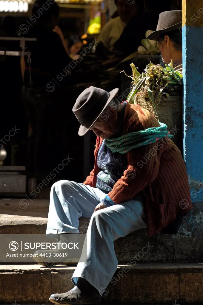 Farmer sleeping at Otavalo cattle market Ecuador