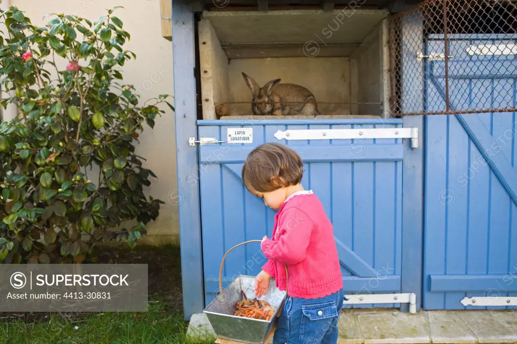 Vegetable wates girl bringing a rabbit in a Rabbit-hutch