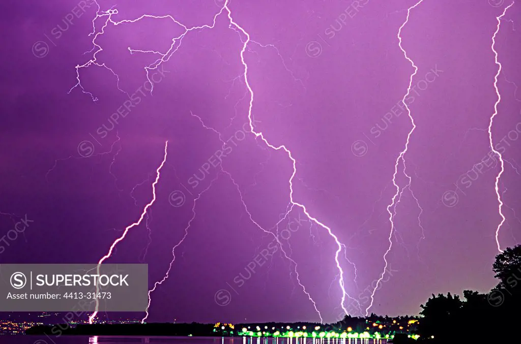 Storm causing lightning on Lake Leman France