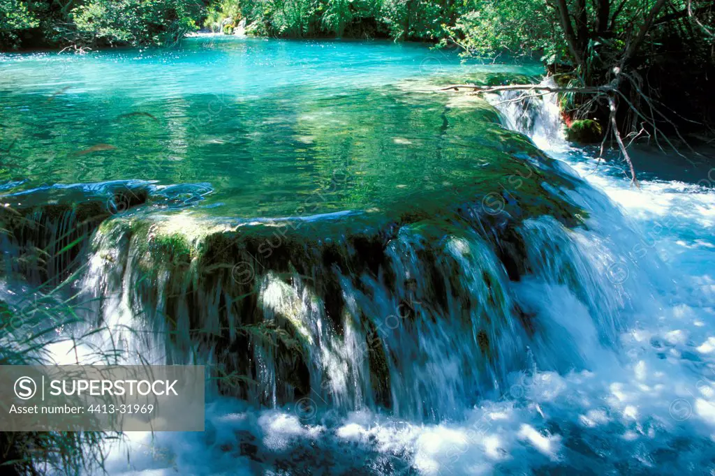 Waterfall between two Plitvice Lakes Croatia