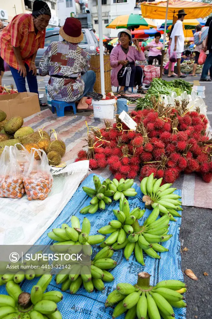 Stall of exotic fruits in the market of Kuching Borneo