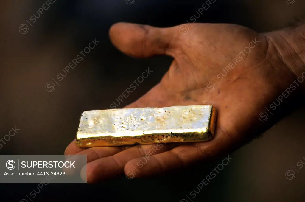 Hand holding a gold melted in the forest French Guiana