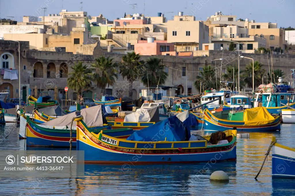 Fishing boats painted in the village of Marsaxlokk Malta