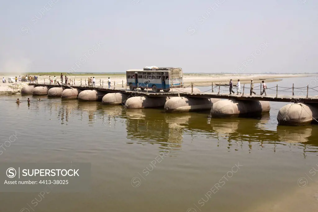 Temporary floating bridge road Uttar Pradesh India