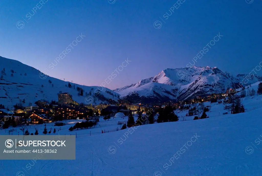 Les Deux Alpes ski resort at night in Isère France
