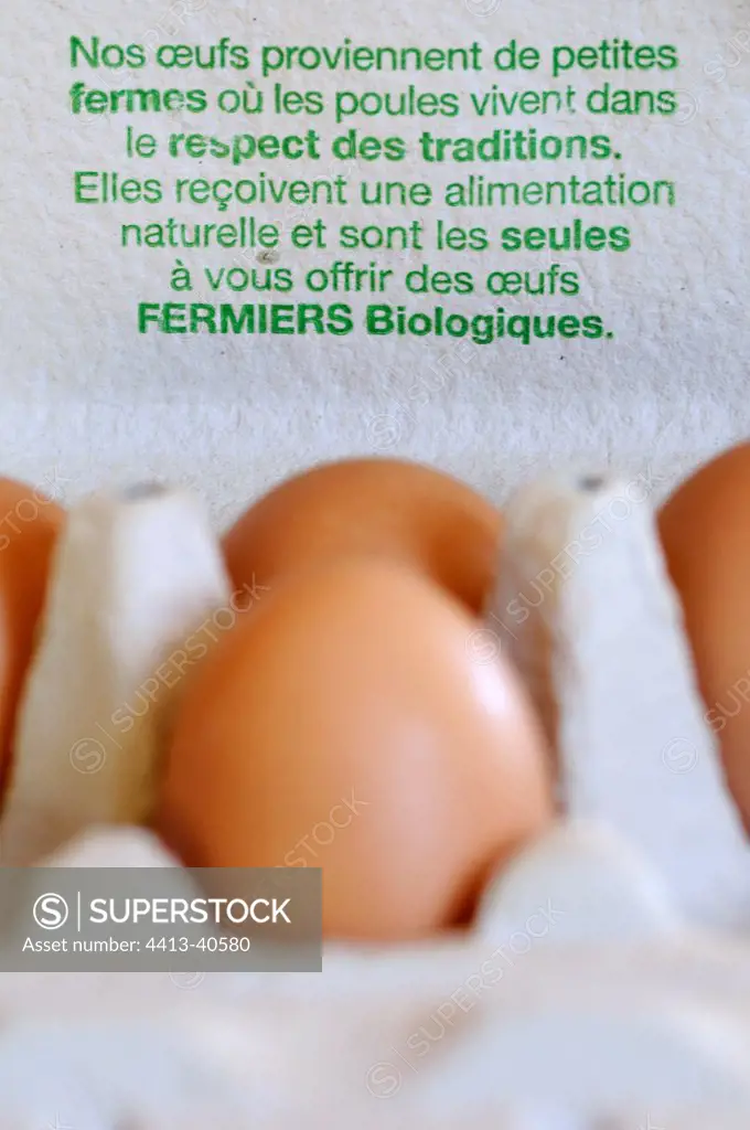 Box of farmers eggs with explicative text