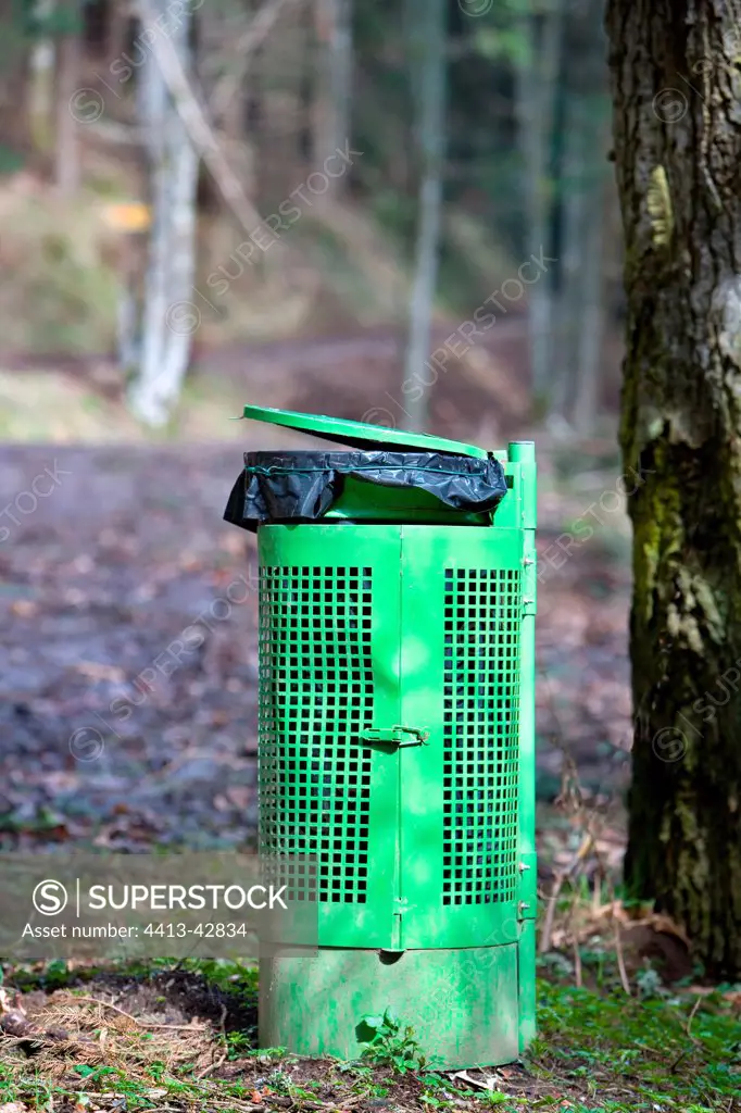 Dustbin in forest Sewen Haut-Rhin France