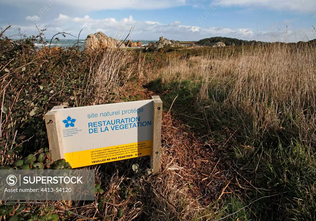 Sign showing a protected fragile site Plougrescant France