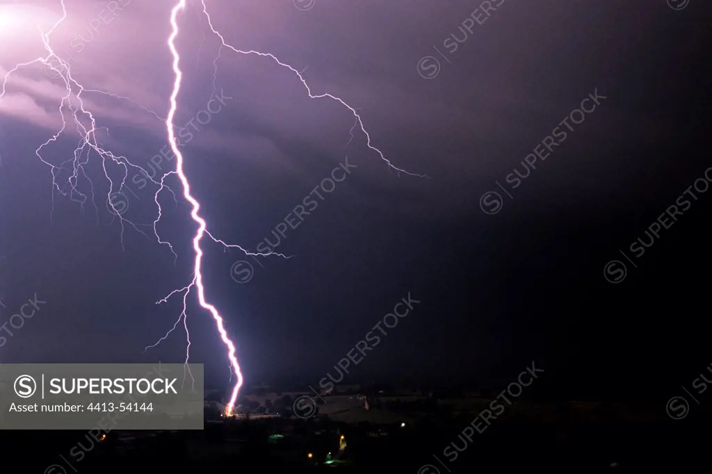 Impact of lightning on an Oak at night Burgundy France