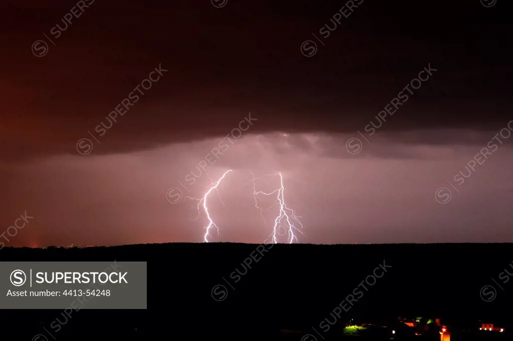 Triple night lightning strike in the spring Burgundy France