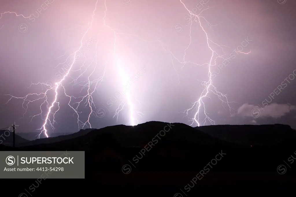 Triple branched lightning strike on Monts d'Ardèche France