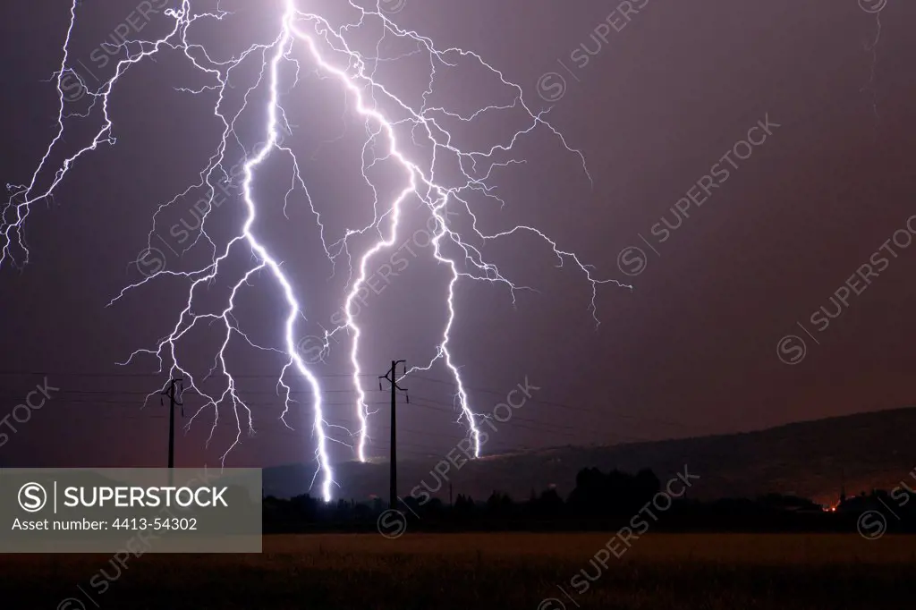 Branched lightning strikes on the Monts d'Ardèche France