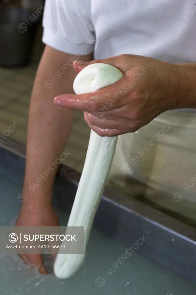 Worker handling a roll of mozzarella