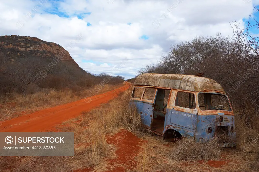 Wreck vehicle along the track Tsavo East Kenya