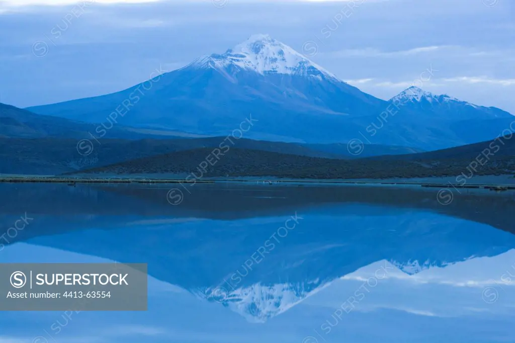 Isluga volcano is reflected in the dawn Chile