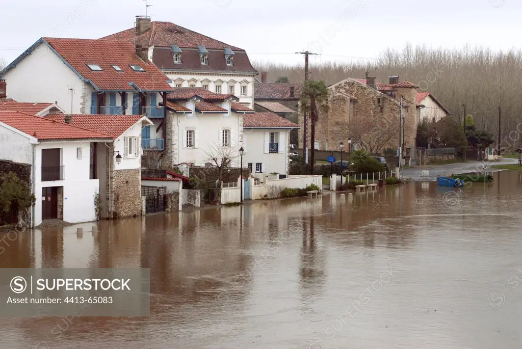 Flooded houses during winter storm France