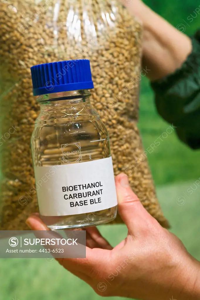Bottle of biocarburant bioethanol with wheat France