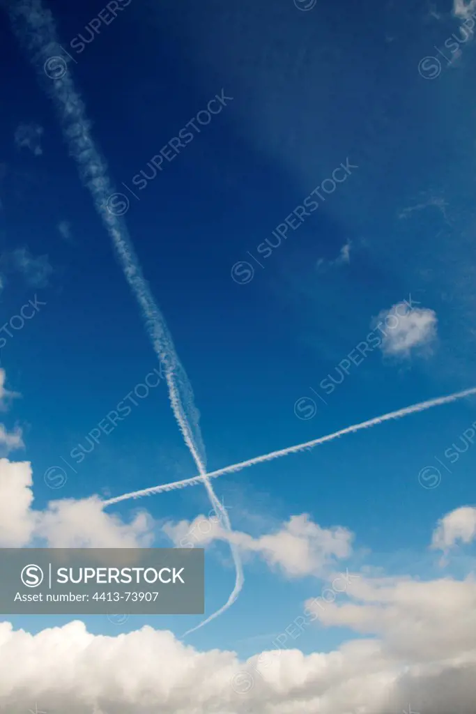 Trails of airplanes and cloud clouds sky fall