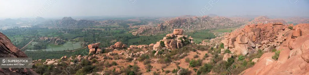 Rice field and Archaeological Site of Vijayanagara Hampi India