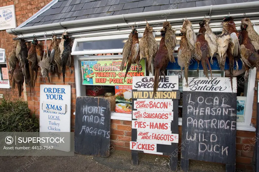 Game birds for sale hanging outside family butchers