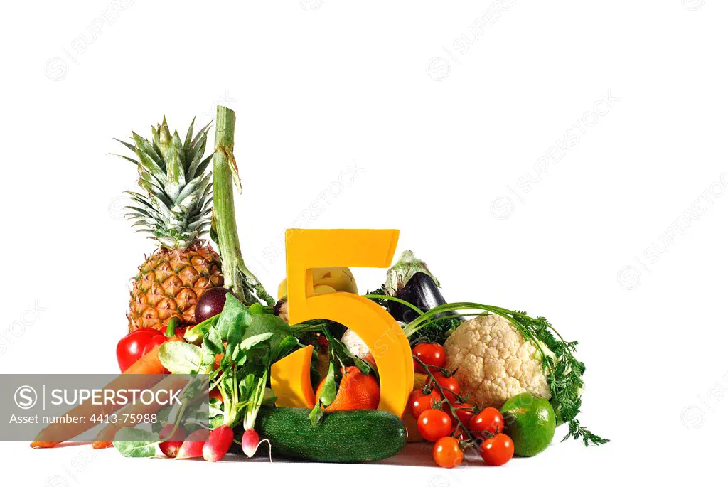 Fruits and vegetables before the word ""five""