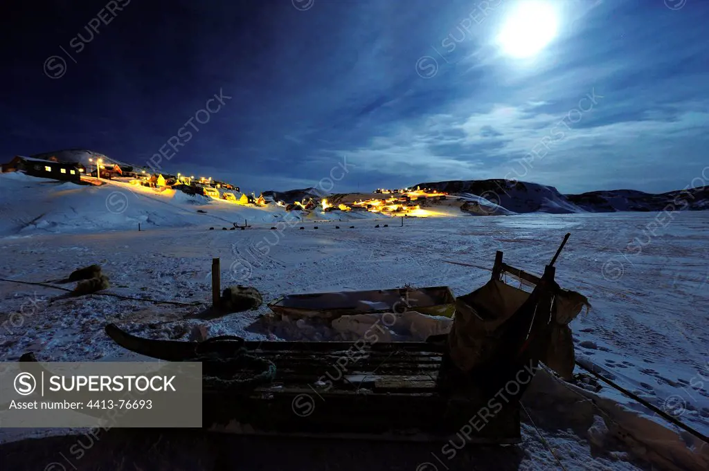 Moonlight on the village of Ittoqqortoormiit Greenland