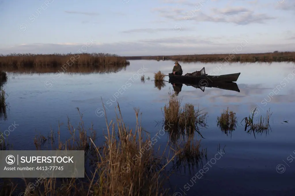 Fisherman in the bumpy boat in the marshes of BrièreFrance