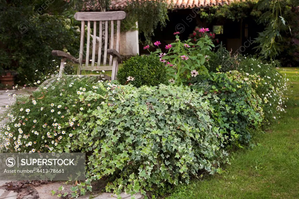 Deckchair on a flowered garden terrace